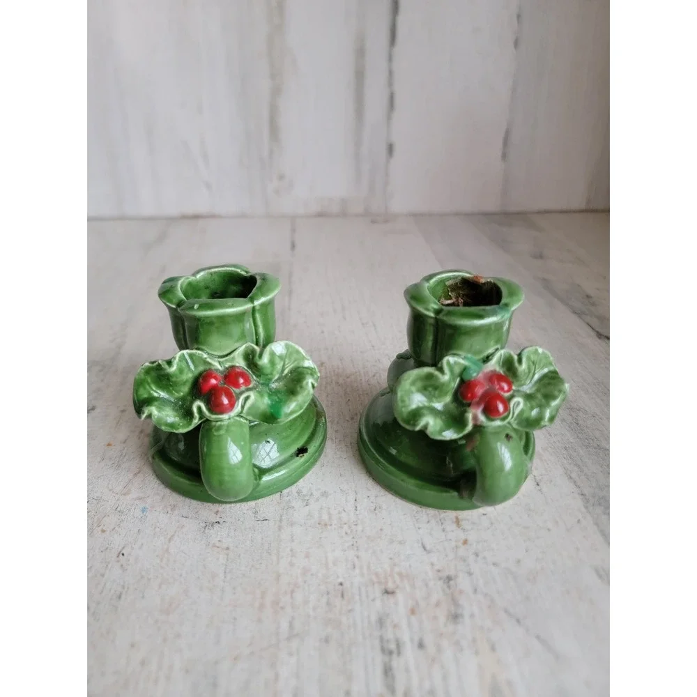 Ceramic mistletoe Holly candle stick green ceramic Xmas set home decor